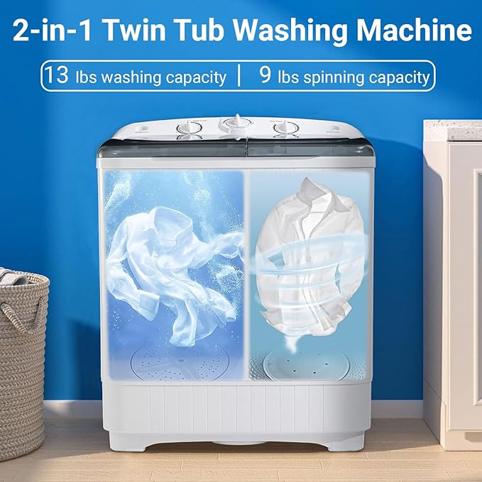 2-in-1 Portable Washing Machine, 13lbs Wash 9lbs Spin Capacity, Compact Mini Washer and Dryer Combo, Portable Washing Machines for Apartments, Automatic Clothes Washer for Dorm RV Camping
