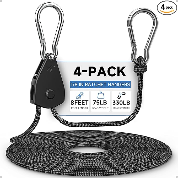 Fondwell 1/8" Rope Tie Downs Ratchet: 4 Pack of Grow Light Hangers Adjustable - Mini Ratchet Straps for Various Hanging and Strapping