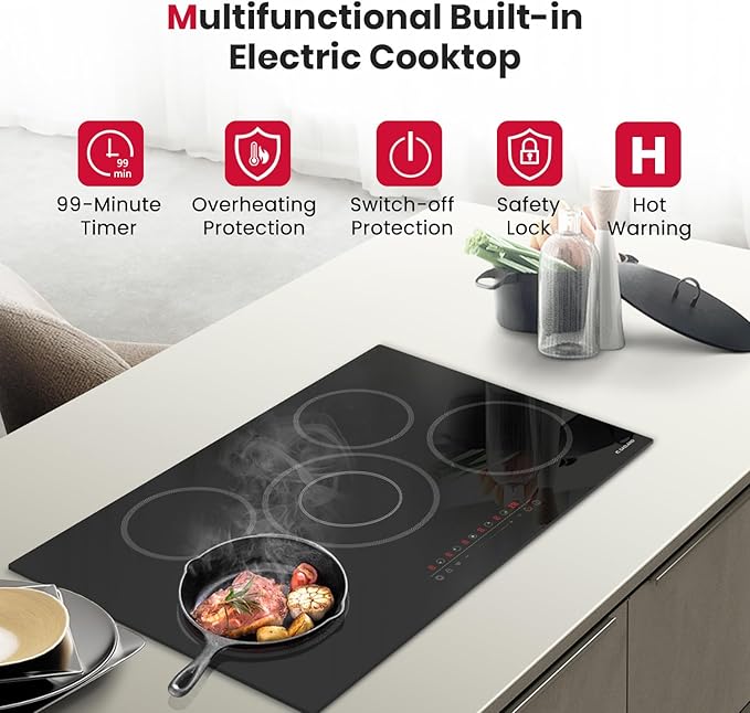 GASLAND 30 Inch Electric Cooktop 5 Burners, 8200W Built-in Radiant Glass Stove Top, 220-240V Electric Ceramic Cooktop with 9 Power Levels, Slide Touch Control, Child Safety Lock &Timer, Hard Wire