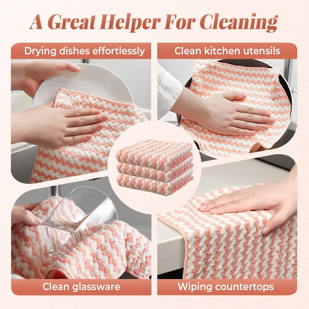 Coral Fleece Striped Rag Cleaning Dish Cloth, Reusable and Washable Microfiber Cleaning Rag, Absorbent Streak Free Lint Free Rags, Kitchen Clean Towels for Scrubs Dishes, Sinks Cleans (Blue, 10PCS)
