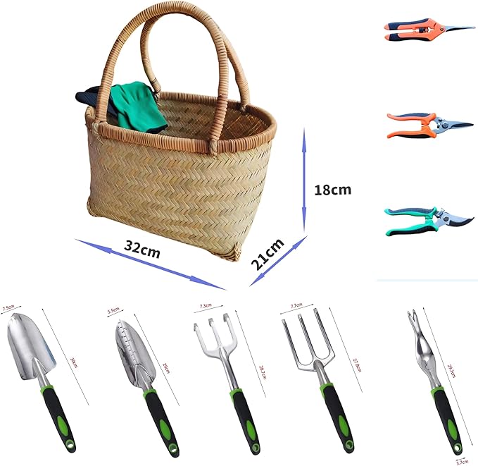 装 (Green),Gardening Tool Set, Equipped with a Bamboo Woven Storage Basket, 5 Aluminum Alloy Hand Tools, and 3 Stainless Steel Scissors, is a Wonderful Gift for Gardening Enthusiasts.