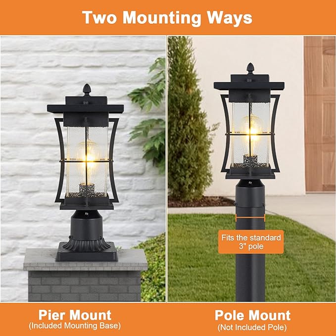 Dusk to Dawn Outdoor Post Light Fixture Waterproof Pole Mount Light with Pier Mount Adapter, Black Finish with Seeded Glass Outdoor Post Lantern for Patio, Garden, Porch and Backyard
