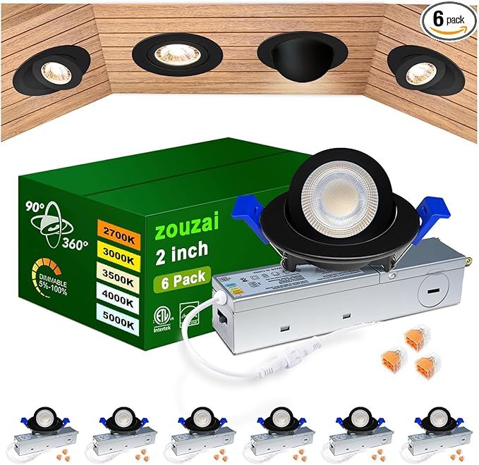 zouzai 2 Inch 5CCT Gimbal Black Led Recessed Lighting with Junction Box, 360°+90° Adjustable Led Recessed Lights, 2700K/3000K/3500K/4000K/5000K, 5W Eqv 50W, 550LM Brightness - ETL (Black, 6 Pack)
