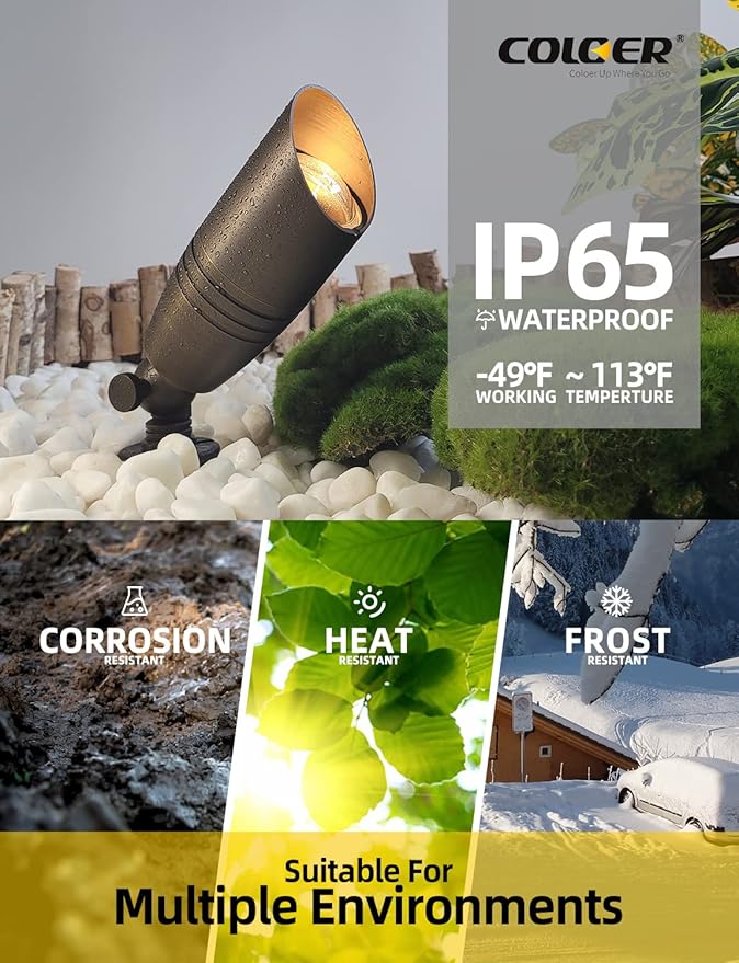 COLOER Die-cast Brass Landscape Spotlights Outdoor, 12V AC/DC Low Voltage Spotlight, IP65 Waterproof Landscape Lighting for Yard, Garden Patio Trees Spot Uplight(102B,6-Pack Without Bulb)