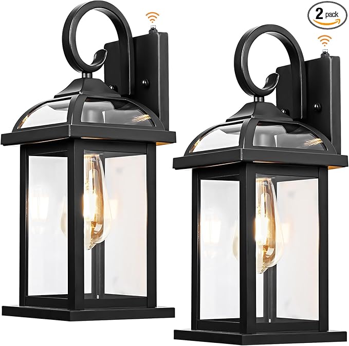 2-Pack Outdoor Wall Lights Dusk to Dawn, 15 Inch Aluminum Anti-Rust Exterior Light Fixture with IP65 Clear Tempered Glass Large Outside Wall Sconce Lanterns for House Matte Black