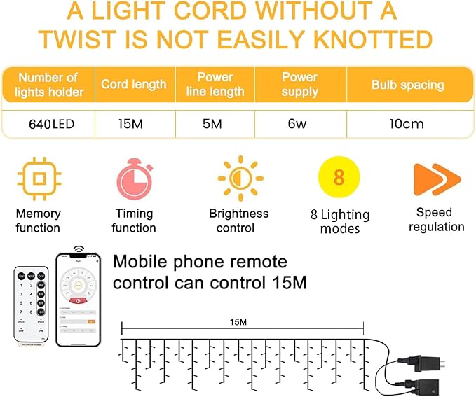Christmas String Lights Outdoor - 49Ft/15M 640 LED 8 Modes with Remote Control and App Waterproof Christmas Lights for Patio Yard Garden Wedding Party-Warm White