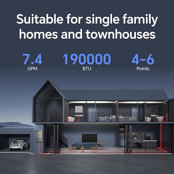 Ranein Propane Gas Tankless Water Heater, Outdoor Max 7.4 GPM, 190,000 BTU Instant Hot Water Heater