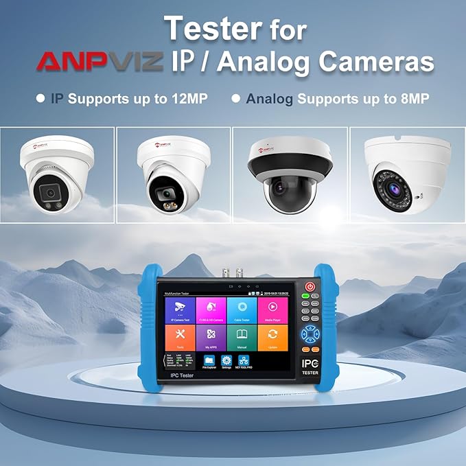 Anpviz CCTV Monitor Tester, 4 in 1 AHD/TVI/CVI/CVBS Coaxial Analog Video Tester, UTP/PTZ Cable Test for 1080P/3MP/4MP/5MP/8MP Analog Security Camera, VGA DC12V Output Camera