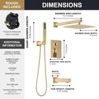 Lava Odoro Modern 3-Setting Square Shower and Tub Faucet Set with Shower Head and Handheld Sprayer Gold, Rainfall Shower System with Tub Spout, Shower Valve Trim Kit, Champagne Gold, SF103-SG-T