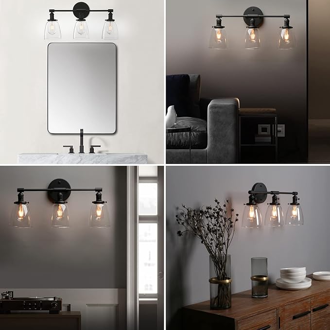 Phansthy 3-Light Wall Sconces Antique Brass Vanity Light, Industrial Wall Lamps with On Off Switch and Clear Glass Lampshade, Vintage Wall Lighting for Bathroom Living Room (Black, Bell Shade)