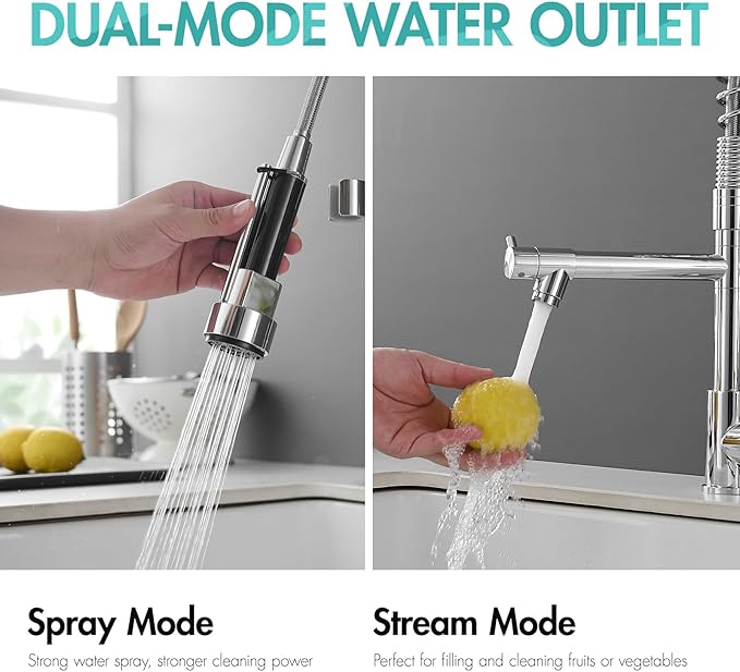 AIMADI Chrome Kitchen Faucet with Pull Down Sprayer,Dual Spout Design Modern Stainless Steel High Arc Kitchen Sink Faucet for Farmhouse Camper Laundry Rv Bar