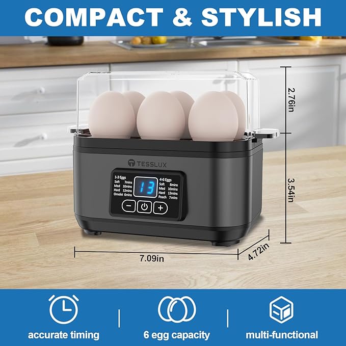 Electric Rapid Egg Cooker, 6 Egg Capacity for Hard Boiled Eggs, Poached Eggs, Scrambled Eggs, or Omelets Maker with Auto Shut Off (Gray)