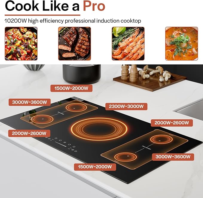 Empava 36 Inch Electric Induction Cooktop 5 Burners, Flat Glass Top Stove with Bridge Function, Timer, Pause, Child Lock, Booster, Slider Level Control, Shutdown, Auto Pan Detection, Black