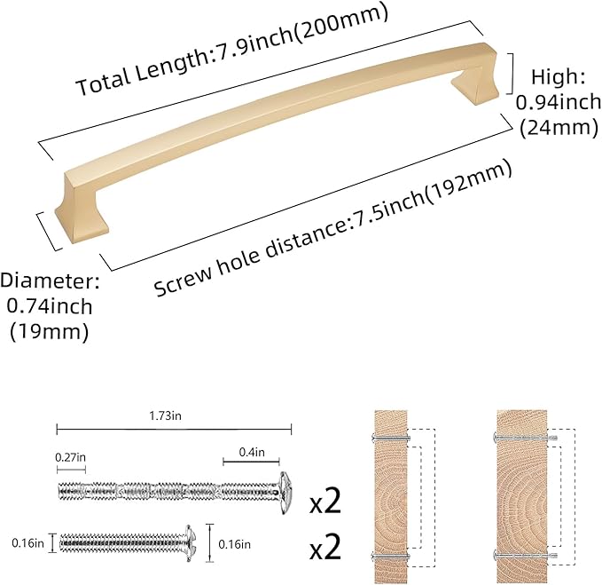 COTYKILEY 10 Pack 7.5 Inch(192mm) Brushed Brass Cabinet Handles Gold Kitchen Cabinet Pulls Cabinet Door Handles Kitchen Cabinet Hardware Cupboard Drawer Pulls Dresser Handles