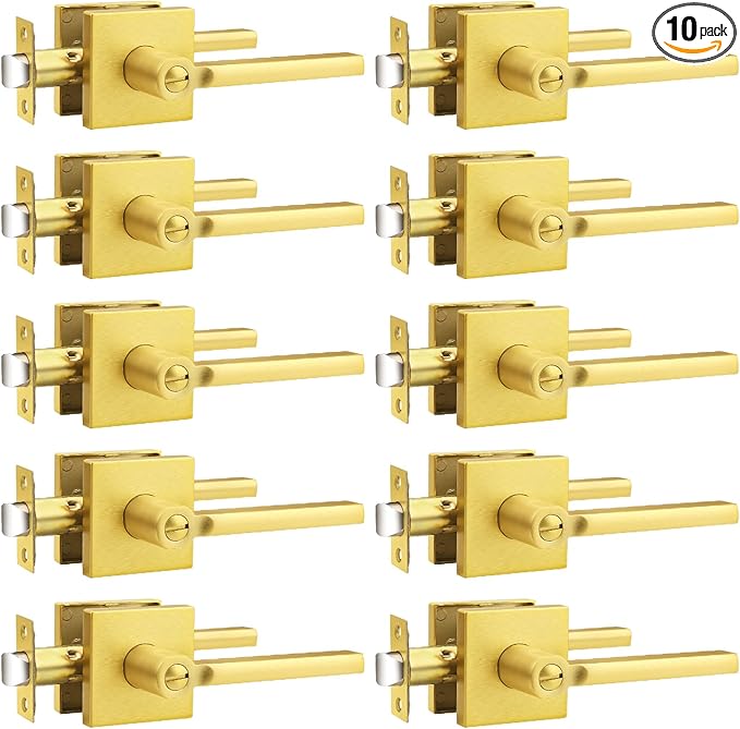 Probrico Gold Privacy Door Handle Lockset Heavy Duty Square Satin Brass Interior Door Lever for Bedroom or Bathroom Reversible Keyless Handleset Door Knob Slim Handed Levers, 10 Pack