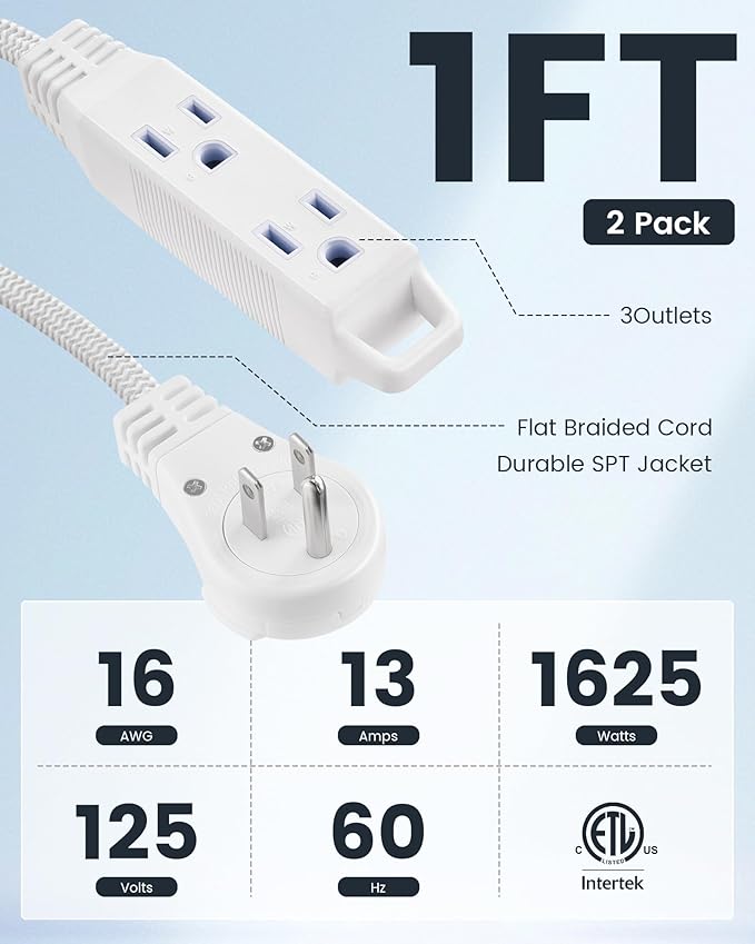 SURAIELEC 1FT Extension Cord, 360° Rotating Flat Plug Extension Cord Flat Wall Plug with 3 Outlets, White Braided Flat Cord for Indoor Use, Compact Areas, 16/3C SPT, ETL Listed, 2 Pack