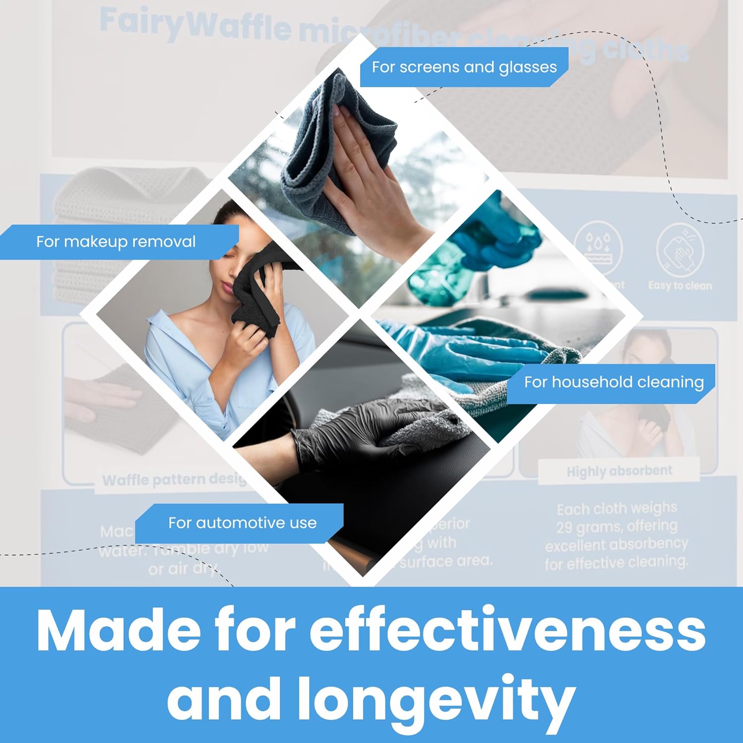 Waffle Weave Microfiber Cloths - 12 x 12 inches - Lint Free Cloth, Streak-Free Absorbent Microfiber Glasses Cleaning Cloth, Screens, Dusting & Appliances - 6 Pack Premium Cloth Wipes