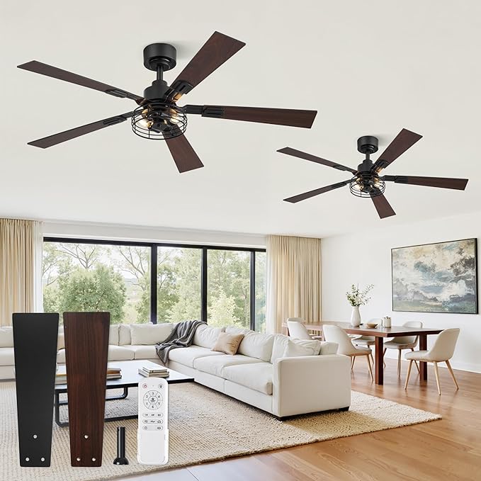 2 Pack Farmhouse 48 Ceiling Fans with Lights, Industrial Caged Ceiling Fans for Bedroom Living Room, Double-Sided 5 Blades Rustic Ceiling Fan-Black