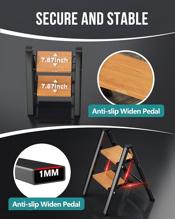 WOA WOA Step Ladder, Widening Pedals for Extra Balance, Lightweight Step Stool, Easy to Move Around, Foldable Ladder, Space Saving, Anti-Slip Stepladder 300 lbs Capacity (2 Step, Black & Wood Grain)