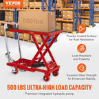 VEVOR Hydraulic Lift Table Cart, 500lbs Capacity 28.5" Lifting Height, Manual Single Scissor Lift Table with 4 Wheels and Non-Slip Pad, Hydraulic Scissor Cart for Material Handling, Red