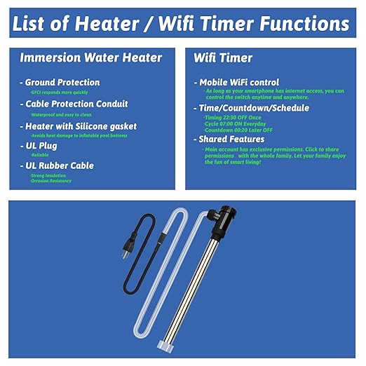 3500W 240V Immersion Water Heater Portable Electric Pool And Hot Tub Submersible Water Heater with Wifi Timer And Auto Shut for Bathtub, Spa, swimming pool, above ground pool And baptism pool