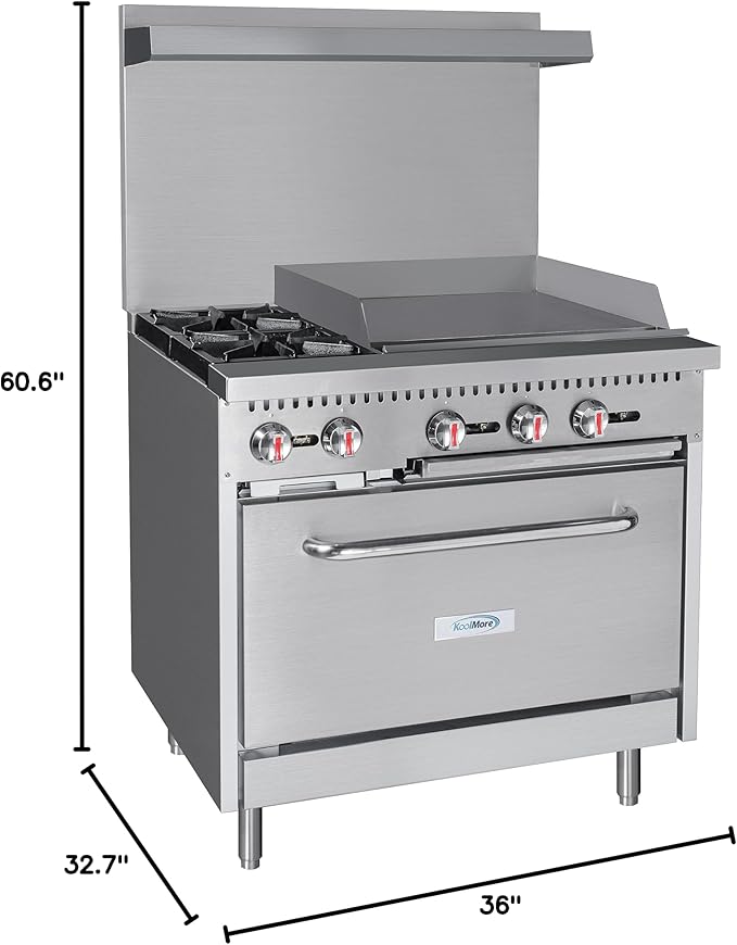KoolMore KM-CRG36-NG 36 in. 2 Burner Commercial Natural Gas Range with 24 in. Griddle, Solid Black