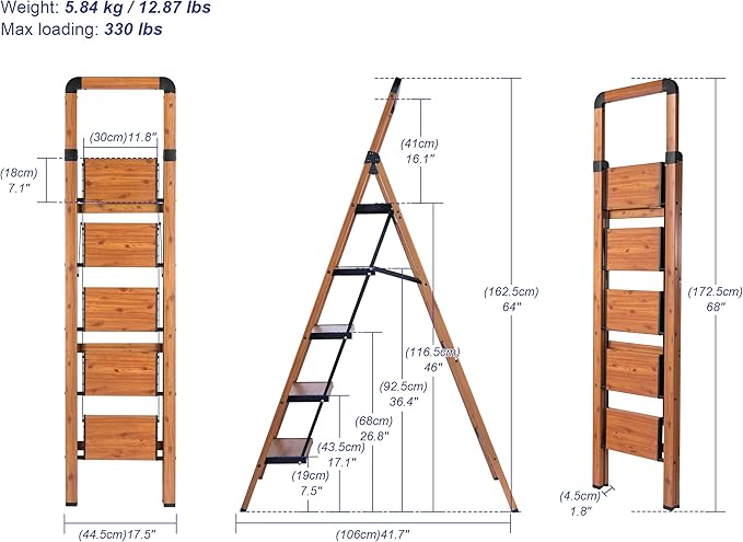 Step Ladders Folding 5-Step Woodgrain Finish Aluminum Foldable Step Stool,Anti-Slip Portable Sturdy for Home & Kitchen Office 330 lbs