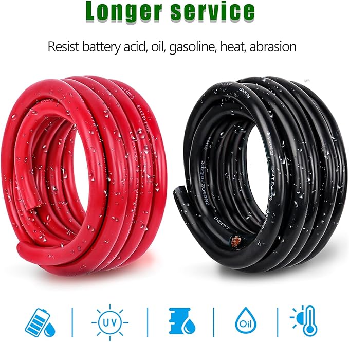 2 Gauge Battery Cable Copper Wire, 10FT Red+10FT Black 2 AWG Welding Cable Standard USA OFC Wire for Automotive, Battery, Solar, Marine and Generator