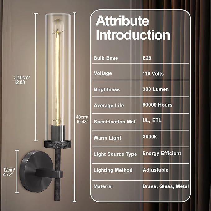 Black Wall Sconce, 19" Tube Glass Sconce Wall Lighting, Bathroom Wall Light, Vanity Lights for Living Room, Wall Lamp for Bedroom, Hallway, Fireplace, Staircase