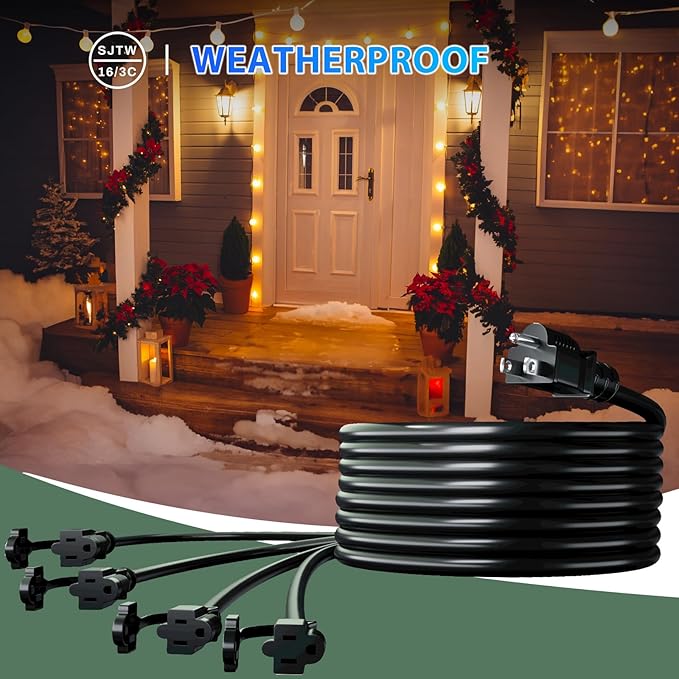 K KASONIC - 46FT Halloween Lights Outdoor Extension Cord with Mutil Outlets, ETL Listed Heavy Duty Electrical Cord with Protective Covers, Weatherproof Extension Cord for Outside, 16AWG/1625W, Black
