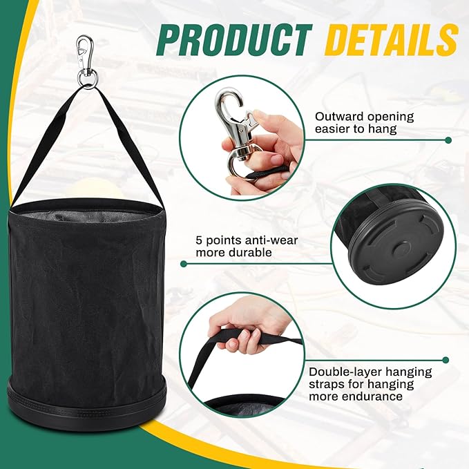 1 Pack Utility Canvas Tool Bucket 15 x 12 All Purpose Canvas Bucket Bag, Truck Tool Organizer with Plastic Bottom Metal Hook for Store Work Accessory, Load Capacity up to 150 Lbs (Black)
