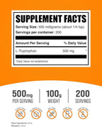 BulkSupplements.com L-Tryptophan Powder - L-Tryptophan 500mg, Tryptophan Supplement - Amino Acid Supplement, Gluten Free, 500mg per Serving, 100g (3.5 oz) (Pack of 1)