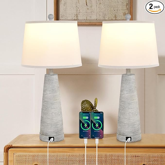 Terpsichore Bedside Lamps Set of 2 Nightstand Lamp Desk Lamps Vintage Rustic Farmhouse Table Lamp 3 Way Dimmable Light,Suitable for Living Room Bedroom,with Linen Shade LED Bulb,USB A+C Port