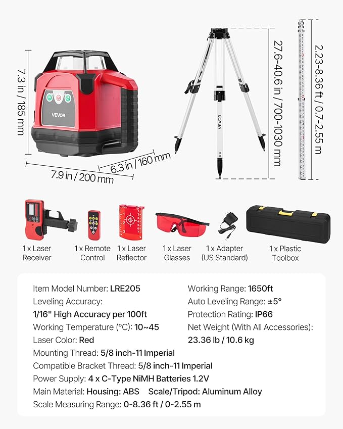 VEVOR Rotary Laser Level Kit, 1650ft 360-Degree Self Leveling Red Horizontal Laser Transit,with Heavy-duty Tripod, Receiver, Remote Control, Toolcase, IP54 Waterproof, 0.06 in/100 ft for Construction