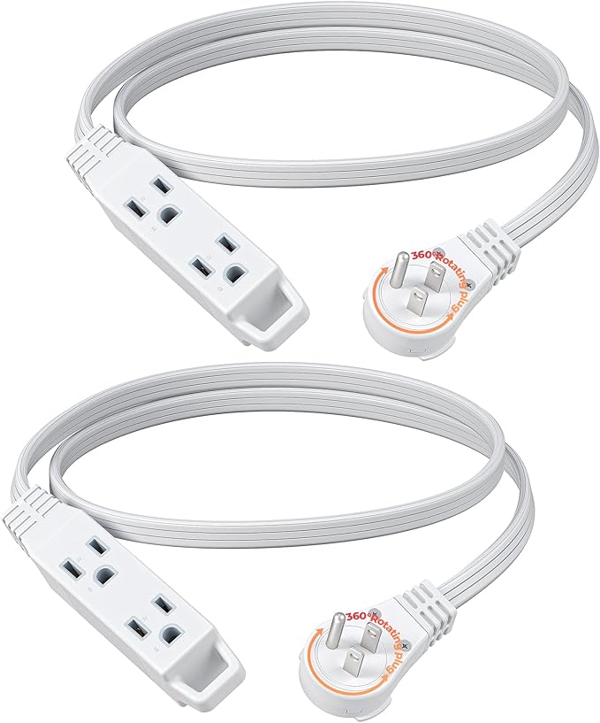 DEWENWILS 3FT 360° Rotating Flat Plug Extension Cord/Wire, 16AWG Multi 3 Outlet Extension Cord, 3 Prong Grounded Wire for Small Appliances, 2 Pack, White