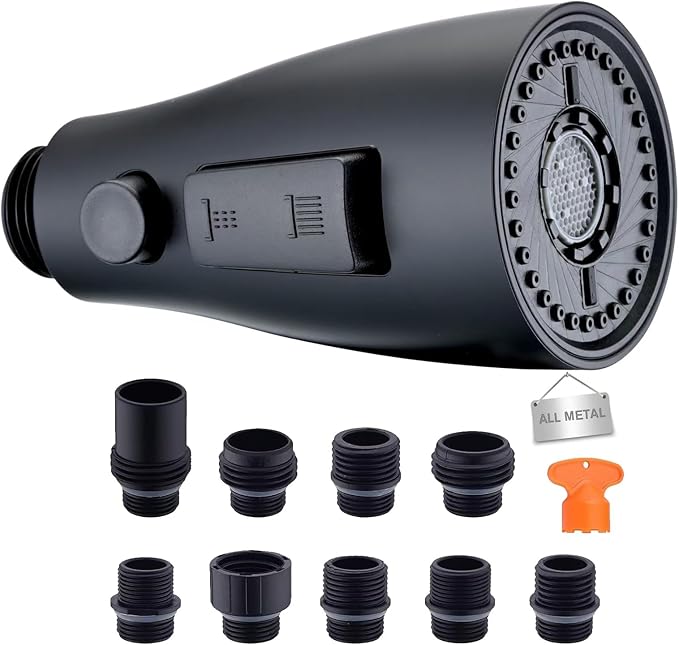 Metal Kitchen Faucet Head Replacement, 3 Functions Kitchen Faucet Head High Pressure, Matte Black Pull Down Kitchen Sink Sprayer Replacement with 9 Adapters Compatible with Most Faucets