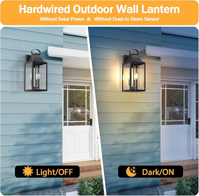 20" Extra Large Outdoor Wall Light, Black Exterior Lighting Fixtures with 3-Light, Waterproof Wall Mount Porch Lantern, Modern Outside Wall Sconce Garage Coach Light with Clear Glass, E12, 1 Pack