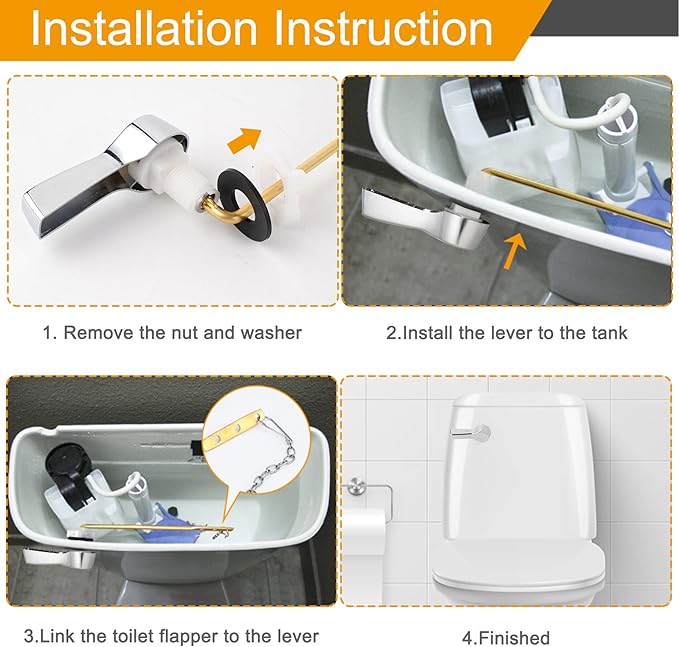 Hibbent Universal Metal Front Mount Toilet Handle Replacement Kit, Brass Toilet Flush Tank Lever with Stainless Steel Flapper Chains for Most Toilets, Chrome