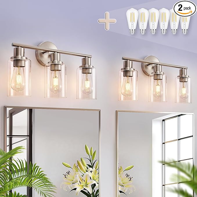 DLLT 3-Light Bathroom Light Fixtures: Nickel Modern Vanity Lights with E26 Bulbs - Clear Glass Shade Bathroom Wall Lamp for Mirror Kitchen Living Room - 2 Packs