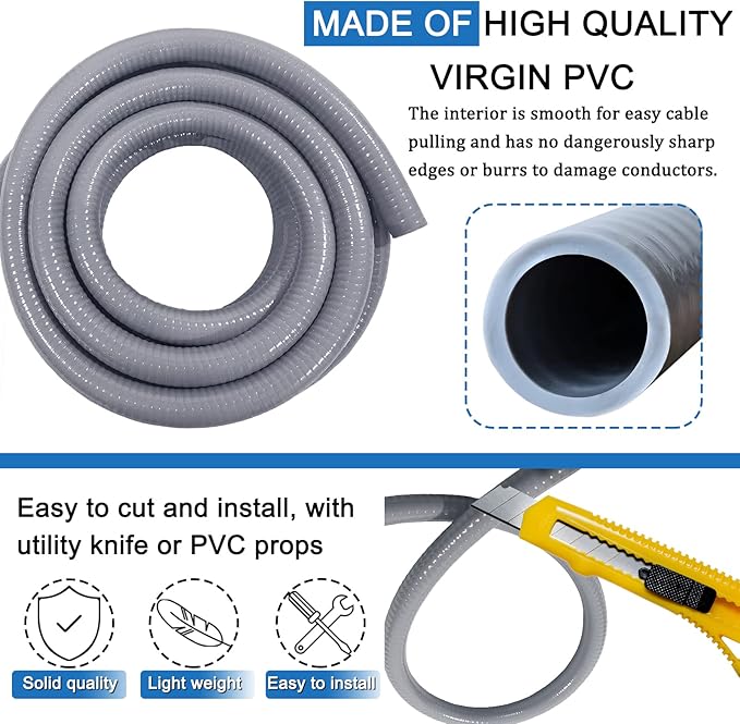 1-1/4inch 25FT Electrical Conduit Kit,Liquid-Tight Conduit and Connector Kit with 4 Straight and 2 Angle Fittings Included,Flexible Non Metallic Conduit(1-1/4" Dia,25 Feet)