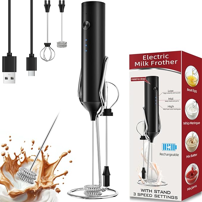 Milk Frother, Rechargeable & Handheld Frother Wand with stand, 3 Speed Adjustable Drink Mixer With 2 Stainless Whisks for Coffee, Matcha, Cappuccino, Egg, Electric Whisk Foam Maker (Black)
