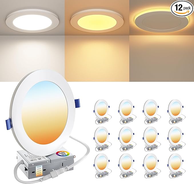 12 Pack 6 Inch LED Recessed Ceiling Light with Night Light| 5CCT Dimmable 2700K-5000K| RA90 1050LM 12W 120V| Ultra-Thin High Brightness Canless Wafer Downlight with Junction Box| IC ETL FCC