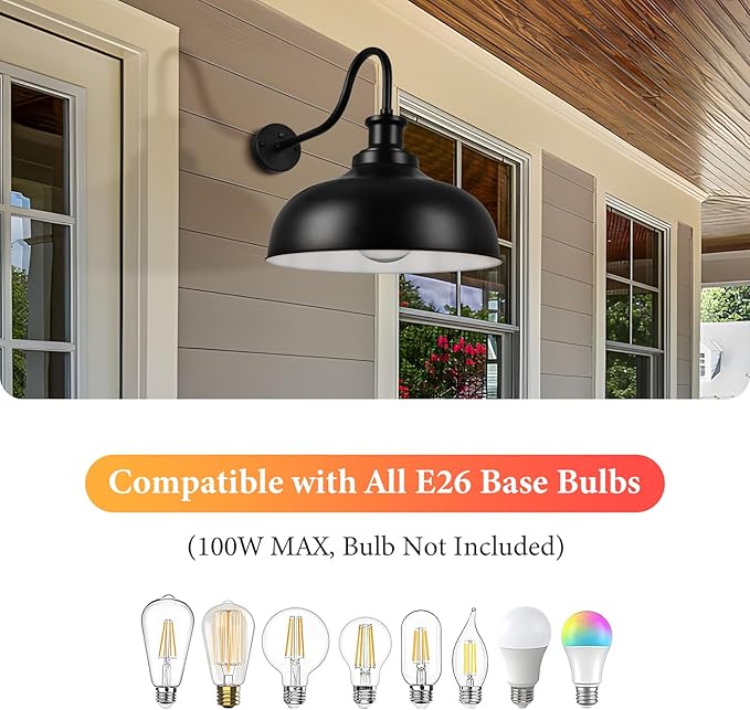 Dusk to Dawn Outdoor Gooseneck Barn Light,16 Inch Dome Outdoor Wall Sconce Farmhouse Exterior Wall Mount Light Vintage Wall Lighting Fixture Industrial Black Wall Lantern for Porch, 2 Pack