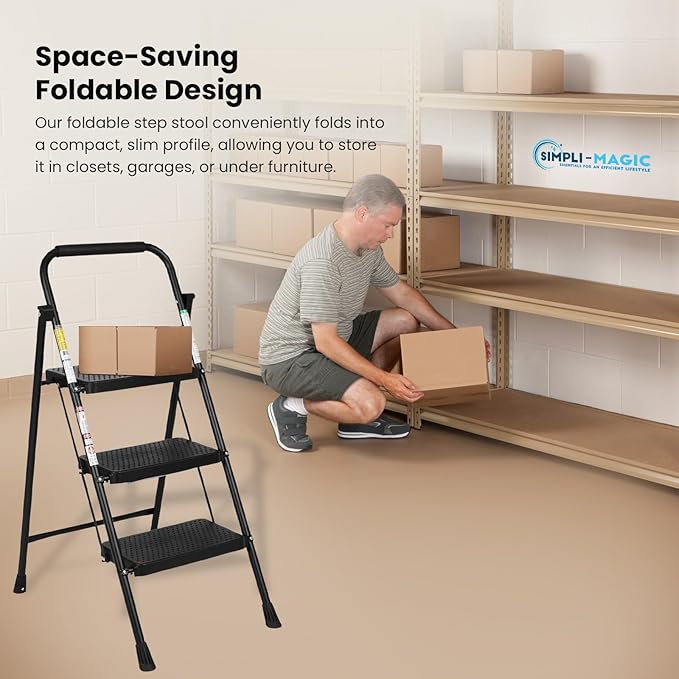 SIMPLI-MAGIC 3-Step Ladder, 800 LBS Capacity Folding Step Stool – Anti-Slip Wide Steps & Handgrip – ANSI Certified Lightweight & Durable Steel Stepping Stool for Kitchen, Home, Office & Garage