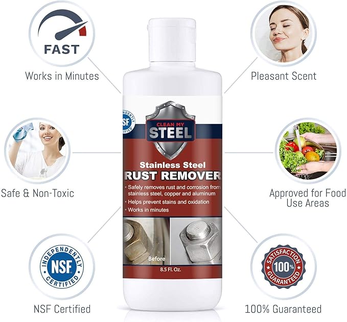 CLEAN MY STEEL Stainless Steel Rust Stain Remover & Cleaner Kit, NSF Safe for Food Areas. Includes Cleaner for Commercial Equipment, Appliances, Gloves & Sponge (8.5 oz)
