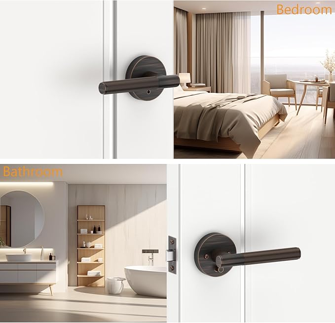 Amerdeco 3 Pack Oil Rubbed Bronze Door Handles Interior, Knurled Privacy Door Handles, Heavy Duty Door Lever for Bedroom or Bathroom, Reversible Keyless for Left Right Handed Doors AM0016