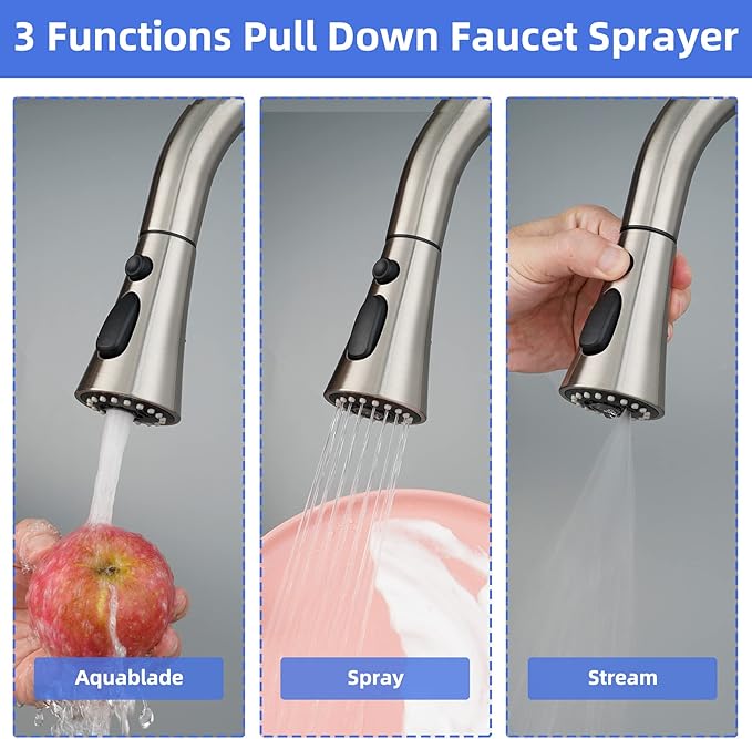 iFealClear Universal Kitchen Faucet Head Replacement, 3 Modes Pull Down Faucet Spray Head, Compatible with Moen Delta, Equipped with 15 Adapters, Brushed Nickel