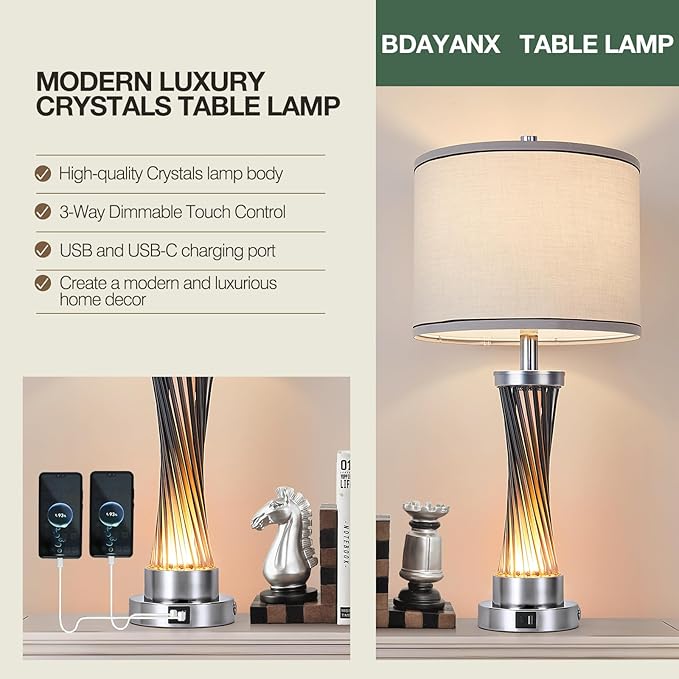 3-Way Dimmable Table Lamp Set of 2,Touch Control Lamp with Night Light,Modern Blue Crystal Table Lamps for Bedroom,Living Room，Bedside Lamps with USB A+C Ports，Fabric Lampshade(Blubs Included)