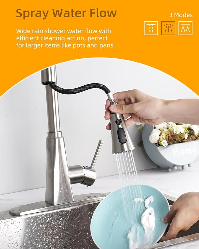 Hibbent Kitchen Sink Faucet Head Replacement, NSF/ANSI/CAN 61 & CUPC Certified, 3-Function Pull Down Sprayer Nozzle with 15 Adapters, Compatible with Delta, Kohler, Moen Faucets, Brushed Nickel