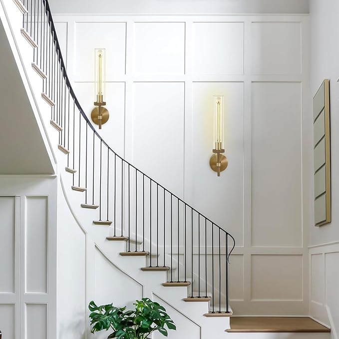 Brass Wall Sconces Set of Two, 19" Knurled Gold Sconces Wall Lighting, Tube Glass Bathroom Sconces Wall Lights for Bedroom Living Room Vanity Sconce Wall Lamp for Hallway, Staircase